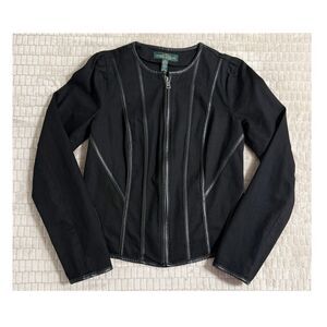 Lauren Jeans Co Black Faux Leather Trim Jacket Women Size 4 Zip Lightweight